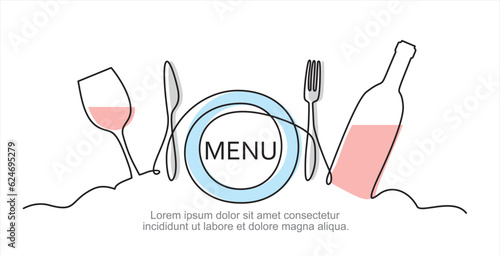 Fototapeta Continuous one single line drawing of plate, fork, knife, bottle of wine and glass