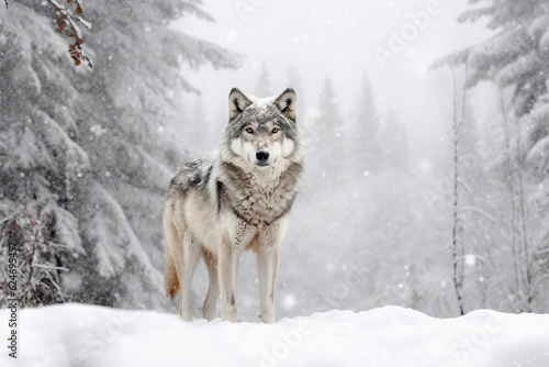 Grey wolf in the cold snowy winter forest. Amazing Wildlife. Generative Ai
