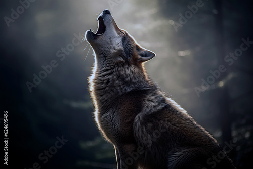 Wild Wolf howling in the forest at night. Amazing Wildlife. Generative Ai