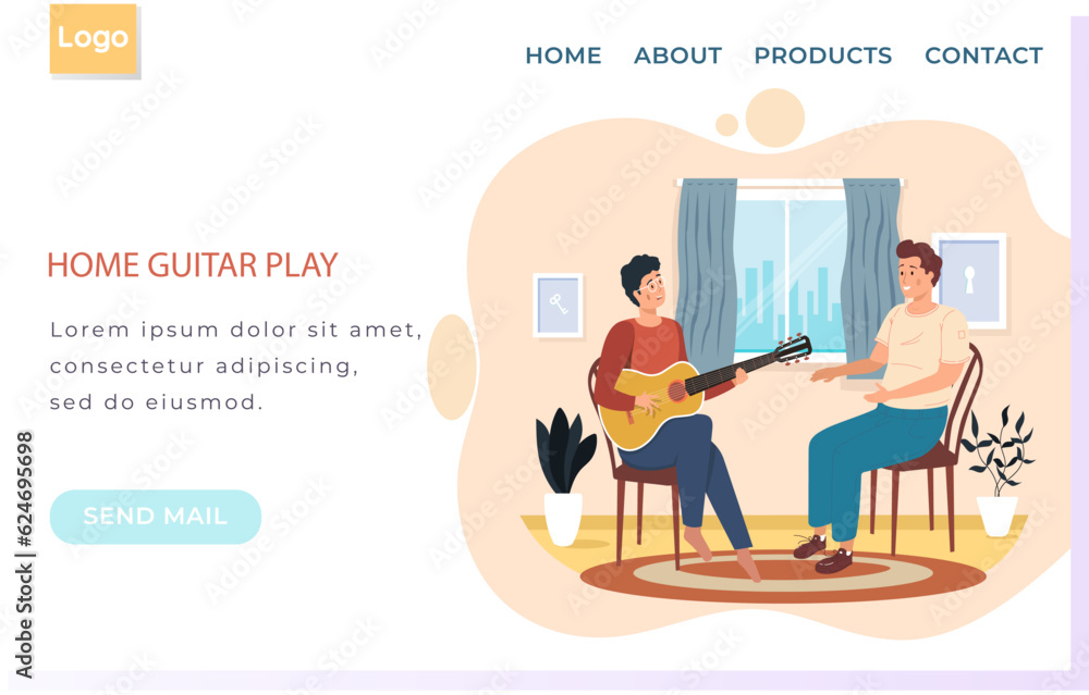 Web site with home guitar play. Man sings song to friend. People at home enjoying time together. Landing page template. Guy playing musical instrument. Musician playing strings on instrument Web site with home guitar play. Man sings song to friend. People at home enjoying time together. Landing page template. Guy playing musical instrument. Musician playing strings on instrument