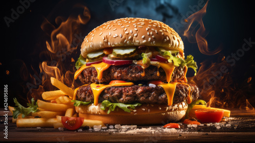 Mouthwatering double decker burger with all the classic fixings, including lettuce, tomato, cheese, and condiments. The burger is perfectly flame-grilled, giving it a sizzling and juicy texture.