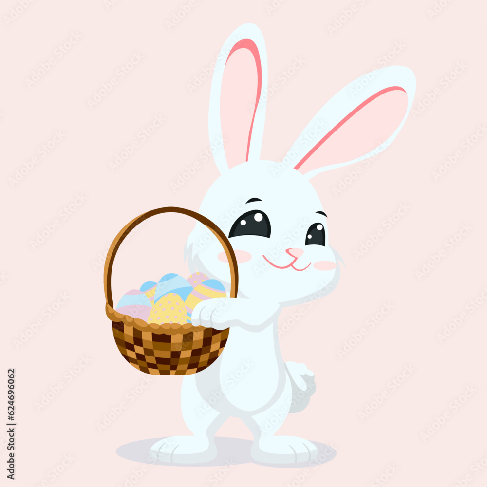 vector festive Easter bunny with a basket of eggs on a pink background vector festive Easter bunny with a basket of eggs on a pink background