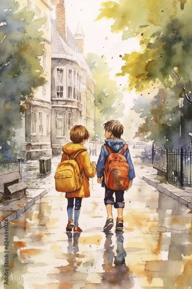 Obraz premium Children are walking to school. View from the back. Back to school concept.