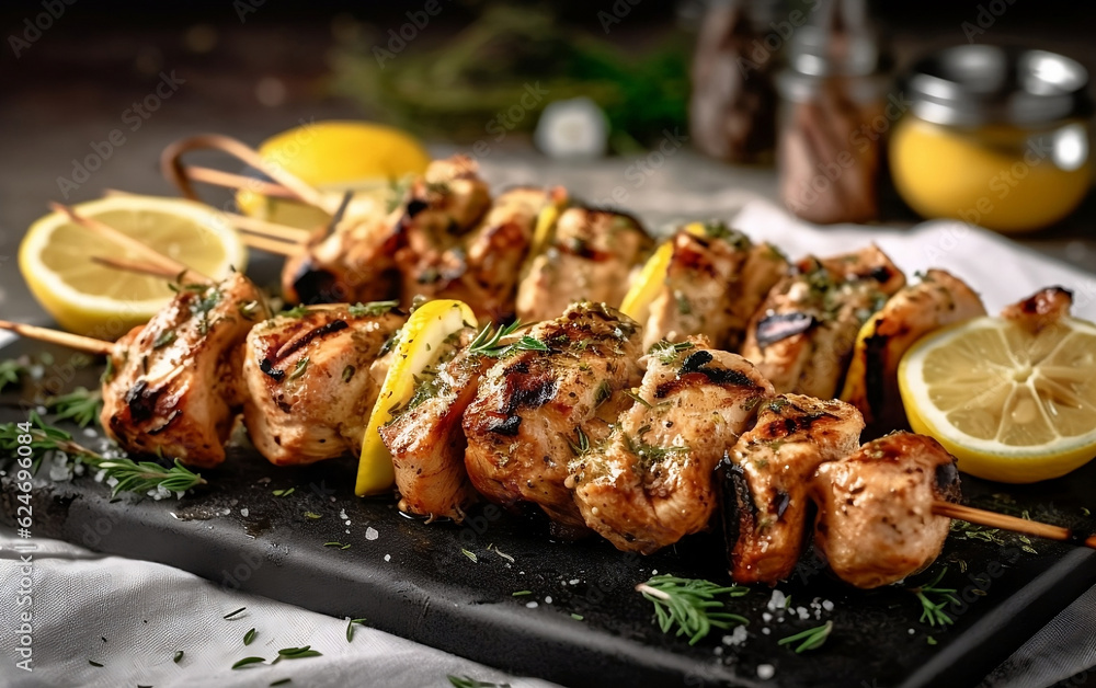 A delicious chicken souvlaki with parsley and lime wedges on a wooden board with a blurred kitchen background. Front view.