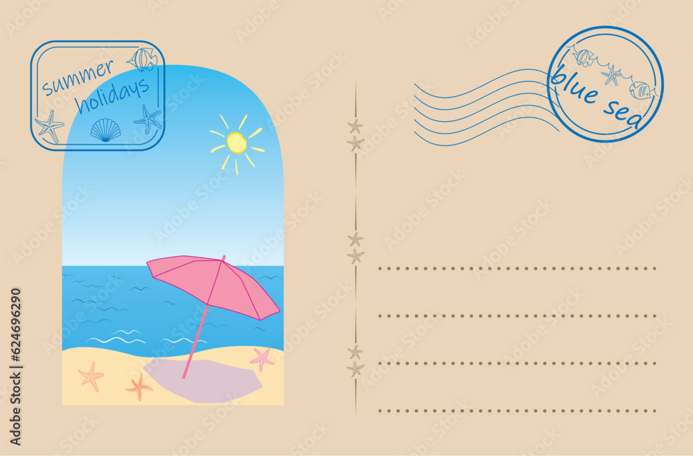 Naklejka premium vector postcard with post stamp - sea beach and parasol