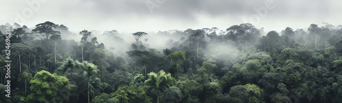 panorama of the rainforest tree tops in the fog. Generative AI © kichigin19