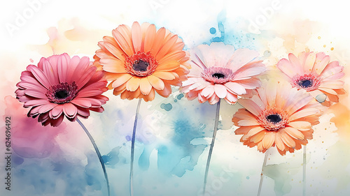 gerberas watercolor summer paint drawing, multicolored flowers. generative ai