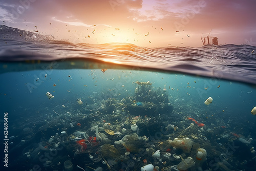 plastic pollution of the ocean underwater photo. generative AI © kichigin19
