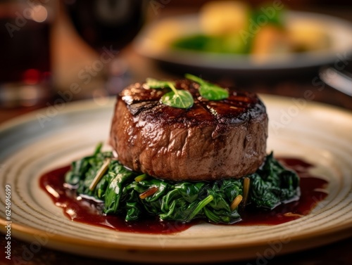 Filet Mignon with a red wine reduction, placed on a bed of sauteed mushrooms and spinach