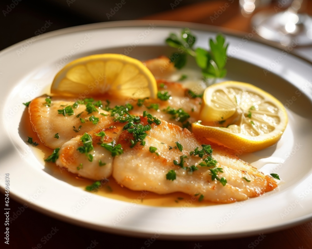 Sole Meunière garnished with lemon slices and parsley on a white plate Sole Meunière garnished with lemon slices and parsley on a white plate