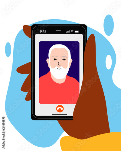 Family online video call by smartphone. Grandfather say hi virtually in mobile video call app. Flat cartoon illustration. Stay in touch with your loved ones.