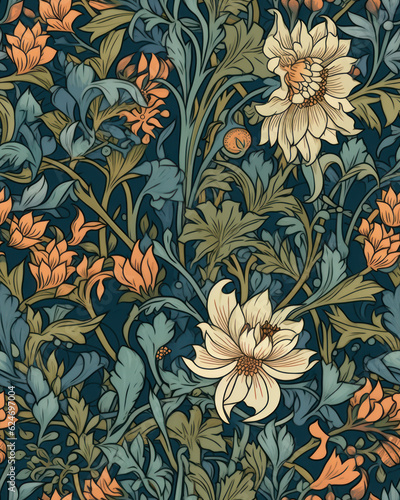 Seamless pattern with beautiful flowers in neutral pastel colors, generative ai
