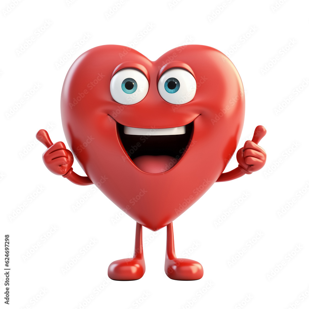 3d heart character isolated on white. Happy smiling heart. Healthy living concept. Generative AI. 3d heart character isolated on white. Happy smiling heart. Healthy living concept. Generative AI.