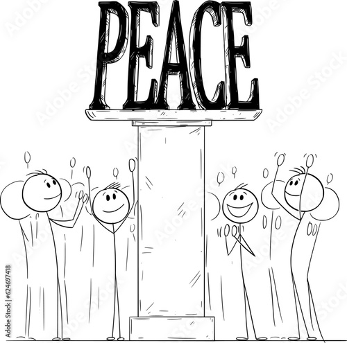 Crowd Celebrating Peace , Vector Cartoon Stick Figure Illustration
