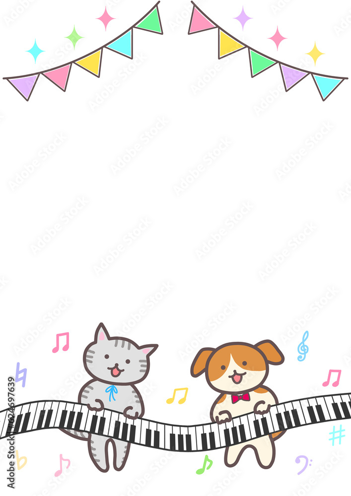 ピアノを弾く犬と猫（ガーランド付き）