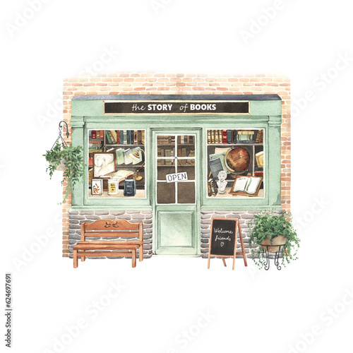 Photography Bookstore showcase in vintage style decorated with outdoor plants, windows of store with books