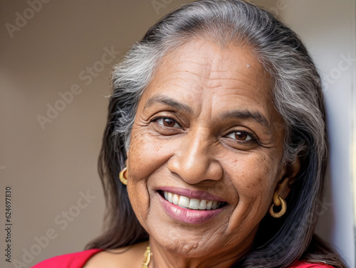 portrait of happy beautiful retired sri lankan woman with dental smile, looking at camera, headshot portrait.