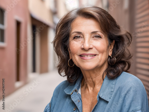 portrait of happy beautiful retired portuguese woman with dental smile, modern, looking at camera, headshot portrait. photo