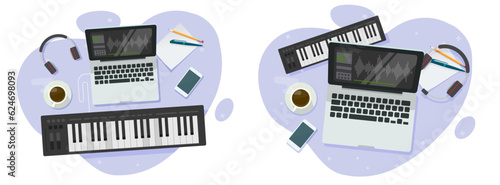 Music electronic studio production record work desk vector graphic illustration, musician sound audio editor software on computer pc and piano synthesizer flat cartoon image clipart photo