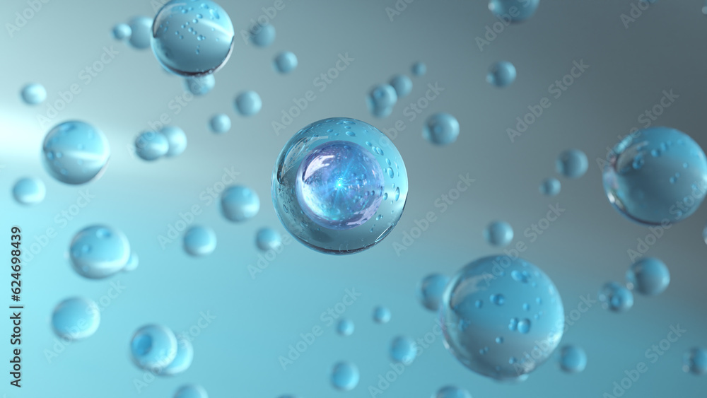 3D rendering of cosmetics Luminous serum bubbles on an abstract background. bubbles of collagen. Design Elements for Serum and Moisturizing. vitamins for beauty and health.