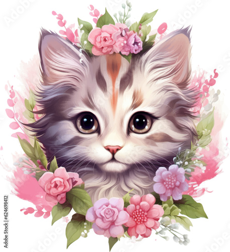 Cute kitten head with fantasy flowers around suitable for sticker, clip art, vintage t-shirt design. 