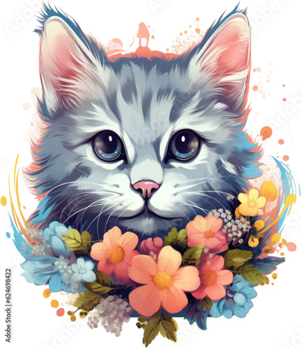 Cute kitten head with fantasy flowers around suitable for sticker, clip art, vintage t-shirt design. 