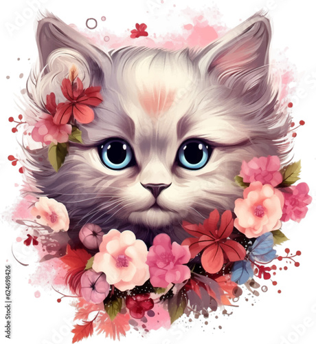 Cute kitten head with fantasy flowers around suitable for sticker, clip art, vintage t-shirt design. 