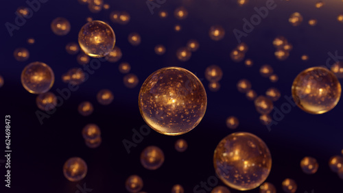 Various glowing bubbles float in the water of a macro shot on a dark background. 3D Rendering beauty glossy bubble blobs or droplets. Vitamin as a concept for beauty and health care. 