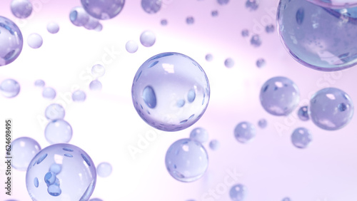 A macro view of numerous liquid bubbles in the water on a bright background. Background cosmetic 3D bubble design Abstract science background with bubbles on water. 