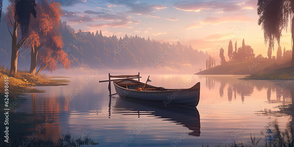 Small boat on calm lake anime style tranquil background, generated ai