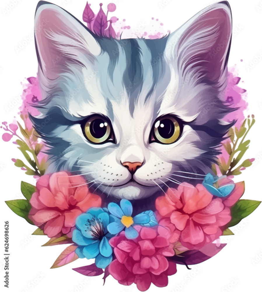 Cute kitten head with fantasy flowers around suitable for sticker, clip art, vintage t-shirt design. 