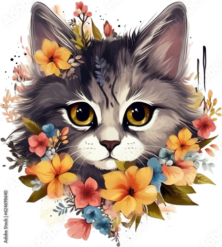 Cute kitten head with fantasy flowers around suitable for sticker, clip art, vintage t-shirt design. 