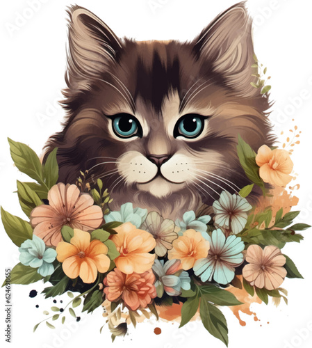 Cute kitten head with fantasy flowers around suitable for sticker, clip art, vintage t-shirt design. 