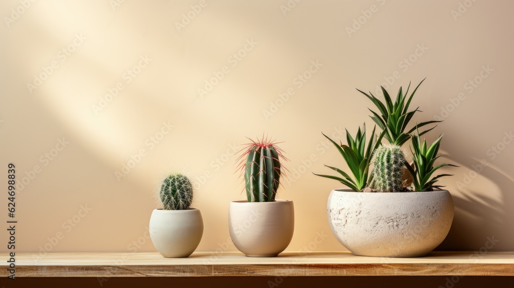 Cactus and houseplant on beige minimal design background with light splashed for decorative a artwork,frame and home. Generative Ai