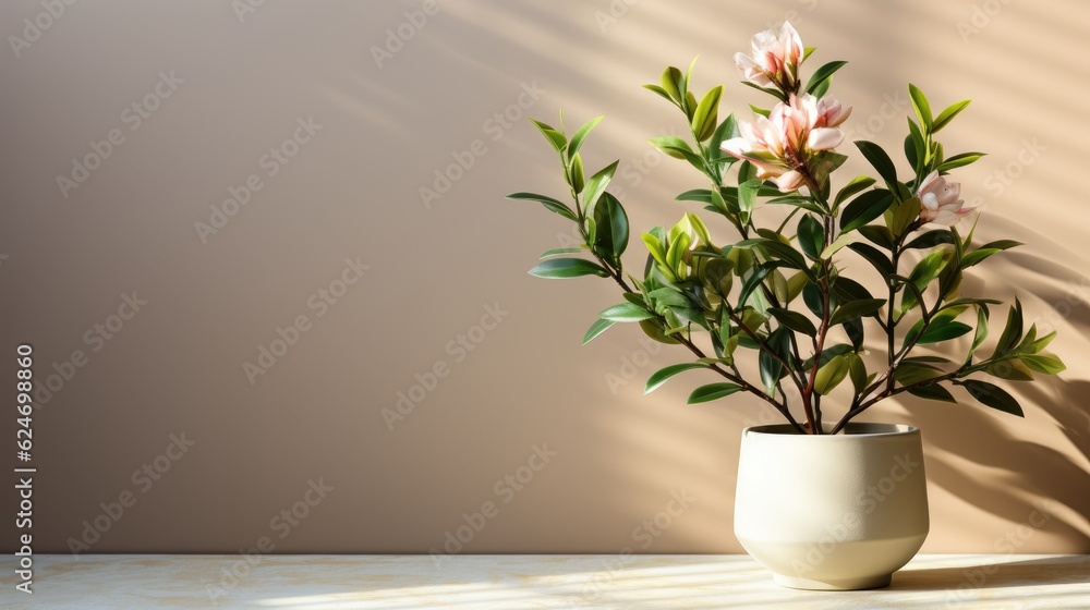 Green plants in pot on beige background in a minimalist style with a copy space for workspace. Generative Ai Green plants in pot on beige background in a minimalist style with a copy space for workspace. Generative Ai