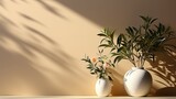 Green plants in pot on beige background in a minimalist style with a copy space for workspace. Generative Ai