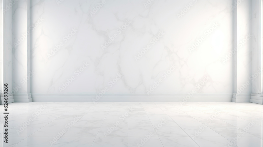Fototapeta premium White wall empty apartment room with marble floor and walls. Copy space for product placement. Generative AI