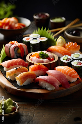 fish rice japan set roll seafood sushi food japanese meal. Generative AI.