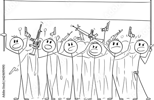 Dangerous Armed Crowd with Guns Holding Sign , Vector Cartoon Stick Figure Illustration