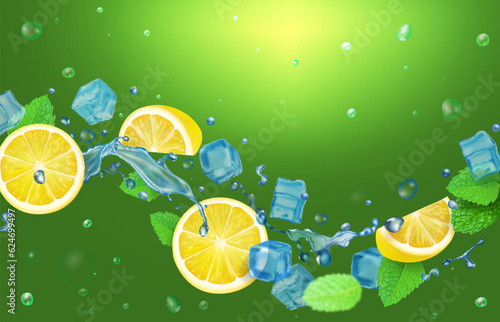Lemon fruit, mint and ice cubes in water splash. Lemon cocktail, lemonade drink. Realistic lemon beverage on green backgroun for package or advertising