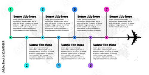 Infographic template. Travel concept with line, plane and 7 steps