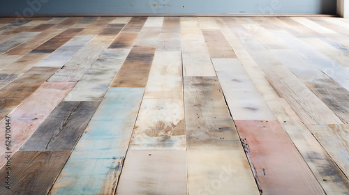 Colorful old and rough wooden floor, wall in background © PHdJ