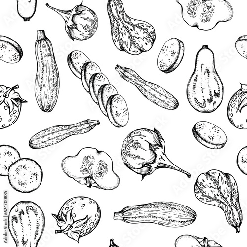 Hand drawn ink vector pumpkin gourd squash, full and slices. Sketch illustration art for Thanksgiving, harvest, farming. Seamless pattern. Design for restaurant menu print, cafe, website, invitation