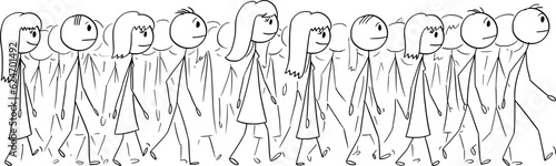 Crowd of People Walking , Vector Cartoon Stick Figure Illustration