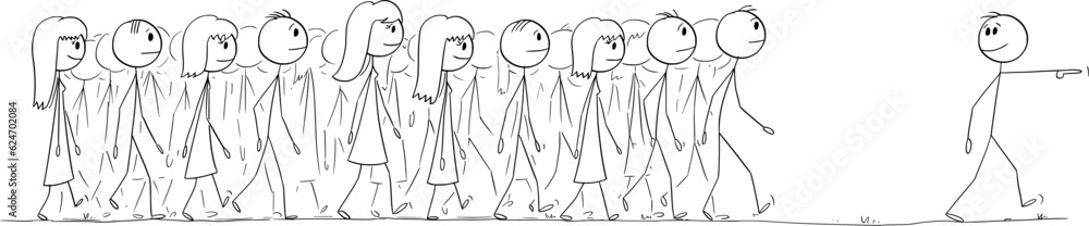 Crowd of People Following Leader, Vector Cartoon Stick Figure Illustration Crowd of People Following Leader, Vector Cartoon Stick Figure Illustration