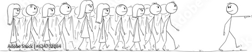 Crowd of People Following Leader, Vector Cartoon Stick Figure Illustration