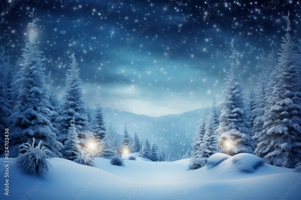 Winter Christmas background. Snow and magic light.