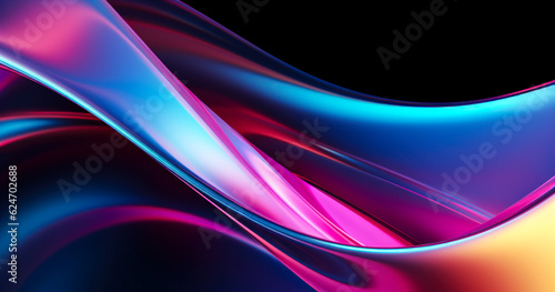 Abstract 3d render, iridescent, glossy, reflective metallic,aorganic curve wave in motion. Gradient design element for banner, background, wallpaper
