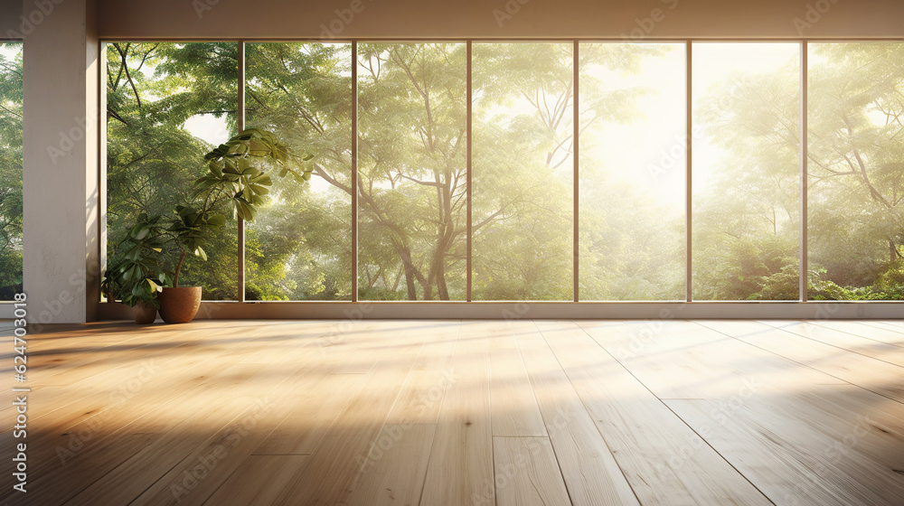 Empty room of modern contemporary loft with wooden floor and large windows to garden. Copy space. Generative AI Empty room of modern contemporary loft with wooden floor and large windows to garden. Copy space. Generative AI