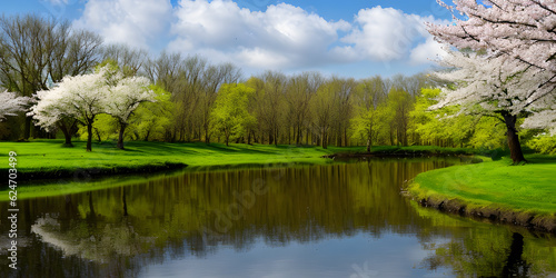 Spring concept background stunning nature landscape reflection on water with meadows view